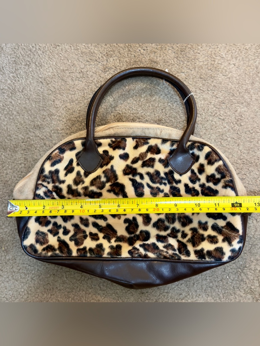 Leopard Print Faux Fur Small Satchel Handbag - Brown & Cream - Picture 3 of 6
